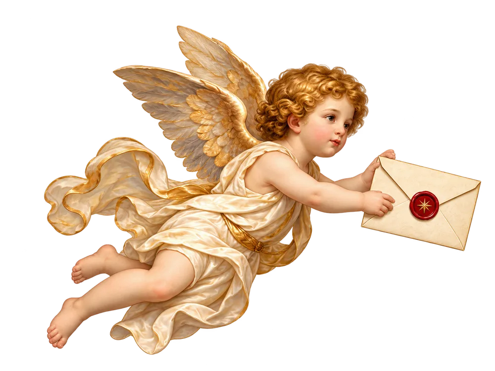 An angel carrying a gift letter